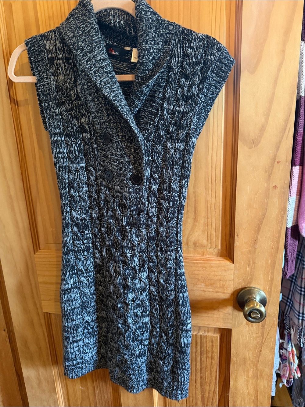 1955 Vintage Black & Gray Cable-Knit Shawl Collar Sleeveless Sweater Dress